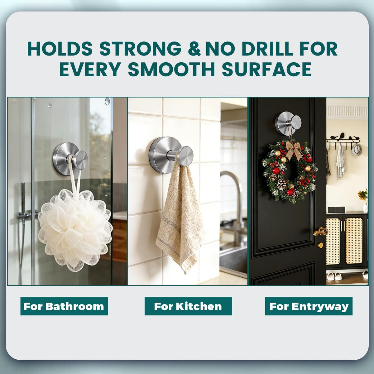Suction Cup Hooks for Shower, Heavy Duty Stainless Steel, Silver 2 Pack