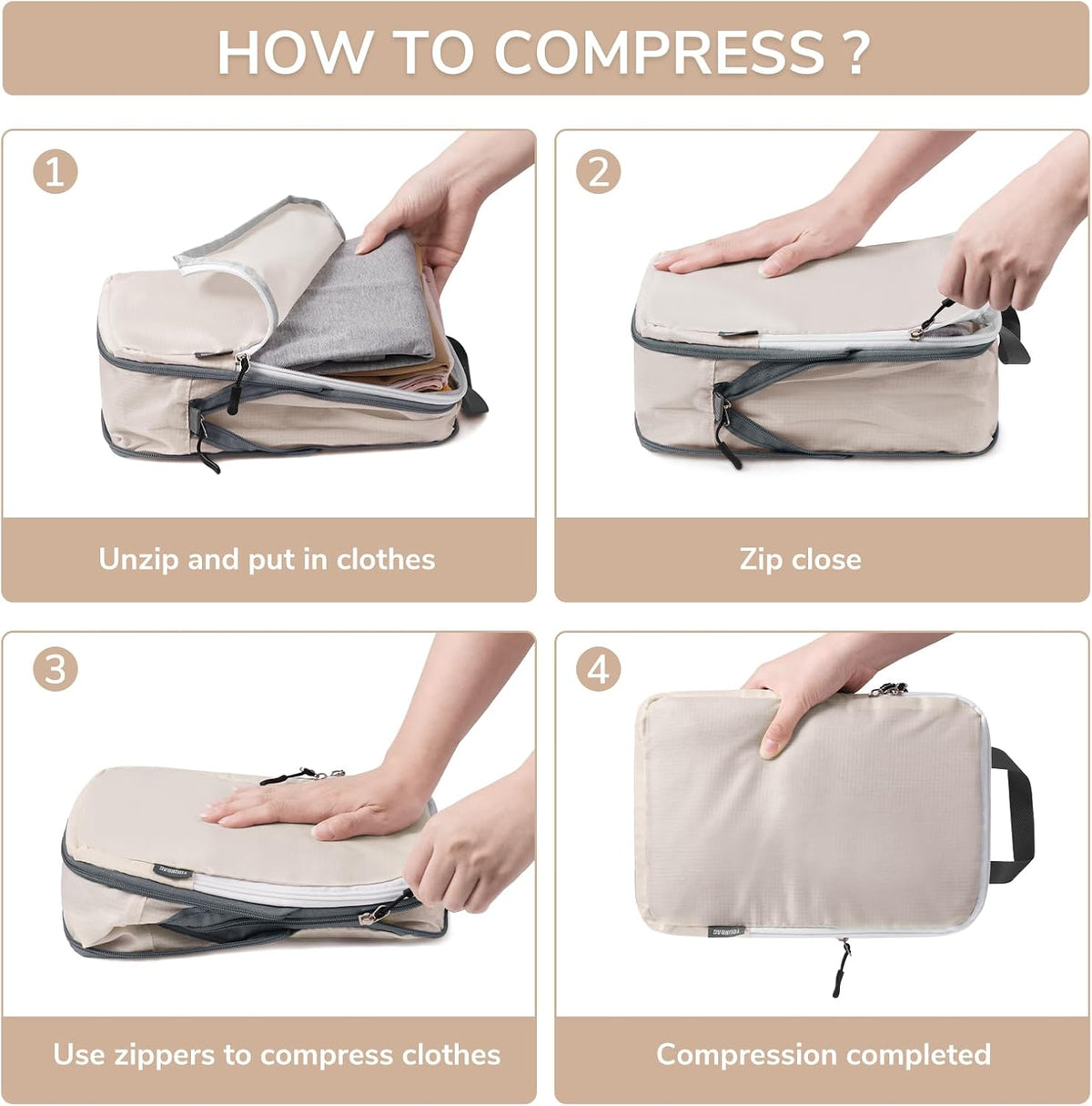 CherryNow 7 Set Packing Cubes for Travel Women, Suitcase Organizer, Beige