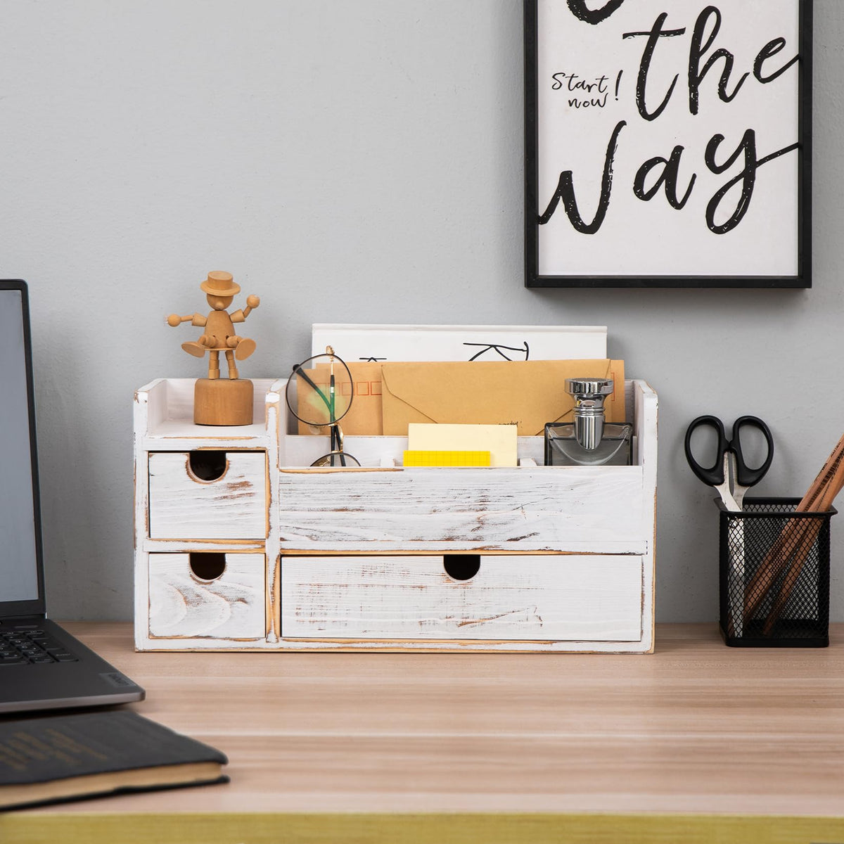 Liry Products Rustic Wooden Desktop Organizer Office Supplies Brown Tabletop Storage Cabinet Stepped Rack Multiple Compartments 2 Tier Drawers Makeup Accessory Jewelry Sorter Display Box Home Office