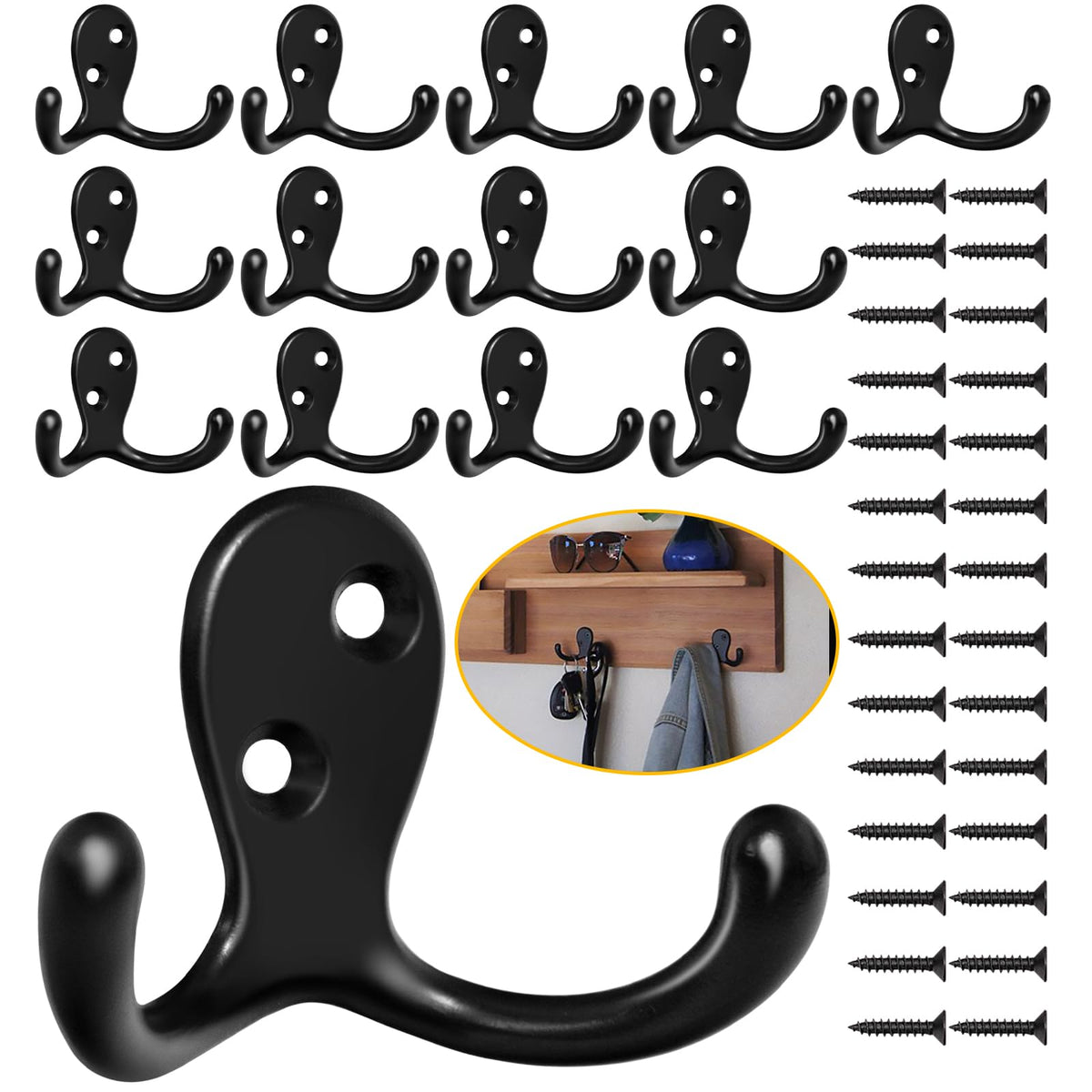 Homanu 14 Pack Silvery Coat Hooks Wall Mounted Double Prong with 28 Screws