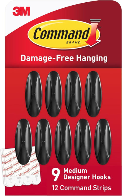 Command Medium Black Designer Hooks, 9 Hooks, 12 Strips