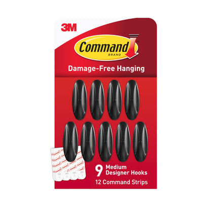 Command Medium Black Designer Hooks, 9 Hooks, 12 Strips