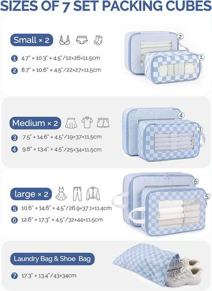HOMESPON 7 Pcs Compression Packing Cubes for Travel, Blue Checkerboard