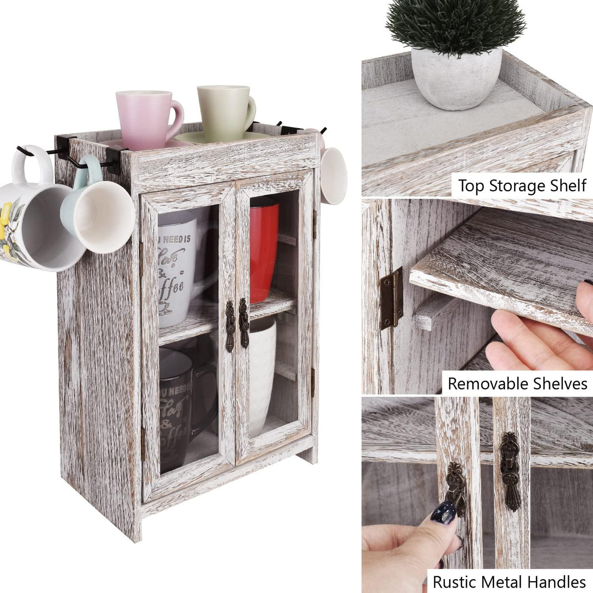 Ikee Design Wooden Countertop Storage Cabinet. Customizable Organizer with Adjustable Shelves, Glass Window Door and Removable Metal Hook. Perfect for Kitchen, Vanity, or Bathroom. Antique White