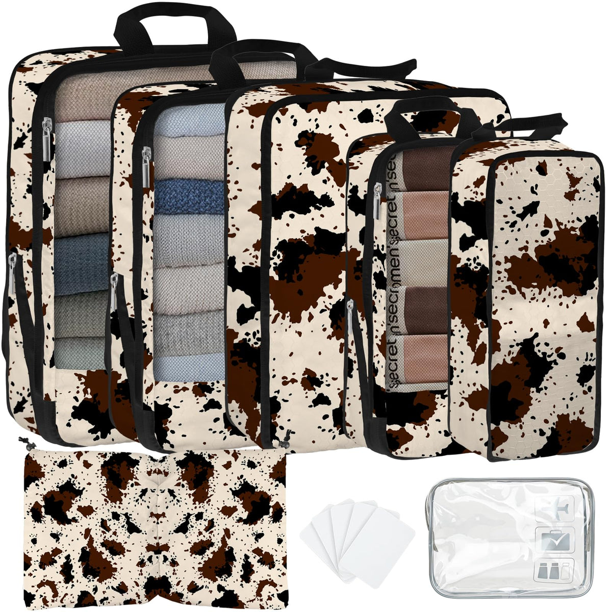7 Pcs Compression Packing Cubes for Travel, Waterproof Suitcase Luggage Backpack Organizer with Toiletry Bag Travel Essentials for Women/Men-Leopard