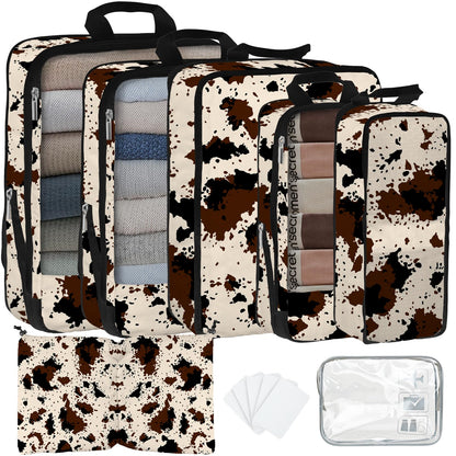 7 Pcs Compression Packing Cubes for Travel, Waterproof Suitcase Luggage Backpack Organizer with Toiletry Bag Travel Essentials for Women/Men-Leopard