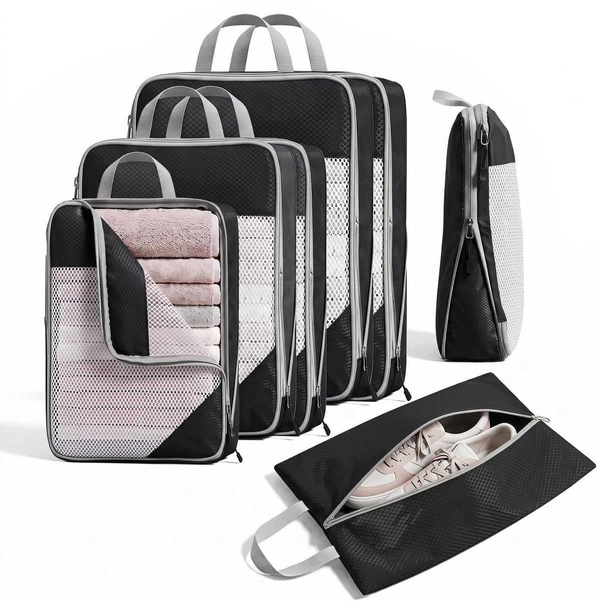 Sutinban 7-Piece Compression Packing Cubes for Travel, 6 Expandable Luggage Organizer Bags and Shoe Bag, Water-Resistant Mesh Suitcase Organizers, Grey