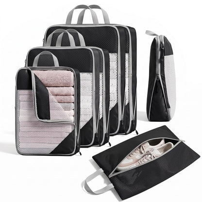 Sutinban 7-Piece Compression Packing Cubes for Travel, 6 Expandable Luggage Organizer Bags and Shoe Bag, Water-Resistant Mesh Suitcase Organizers, Grey