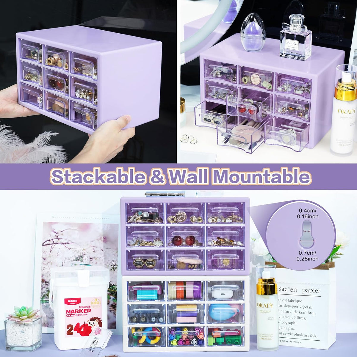 Desk Storage Organizer with 9 Drawers, Clear Plastic Storage Cabinet, Stackable Desk Storage Box for Makeup Office Craft Hardware Art Supplies,9.8x6.3x5.9inch(Purple)