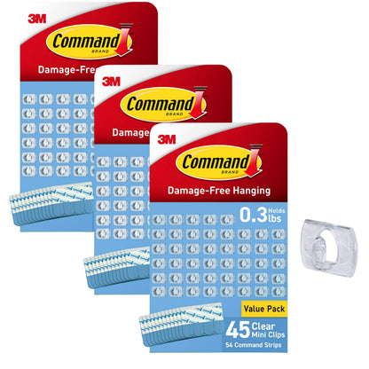 Command Clear Indoor Mini Light Clips Value Pack, 45 Clips, 54 Strips, Damage-Free String Light Hangers for Home, Room, Wall, Office, and Dorm Decor, Great for Cable Management, Holds up to 0.3 lb