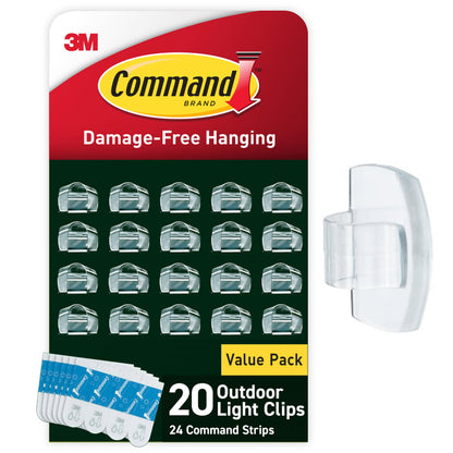 Command Outdoor Light Clips, Clear, 20 Clips, 24 Weather Resistant Strips
