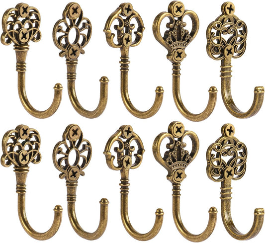 10 PCS Vintage Metal Wall Hooks, Bohemian Decorative Hook with Screws, Wall Hooks for Hanging Towel/Coat (5 Styles, Bronze)