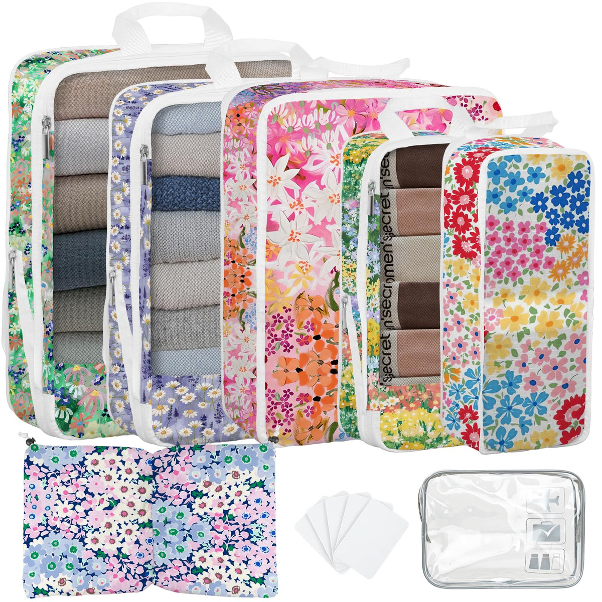 7 Pcs Compression Packing Cubes for Travel, Waterproof Suitcase Luggage Backpack Organizer with Toiletry Bag Travel Essentials for Women/Men-Leopard