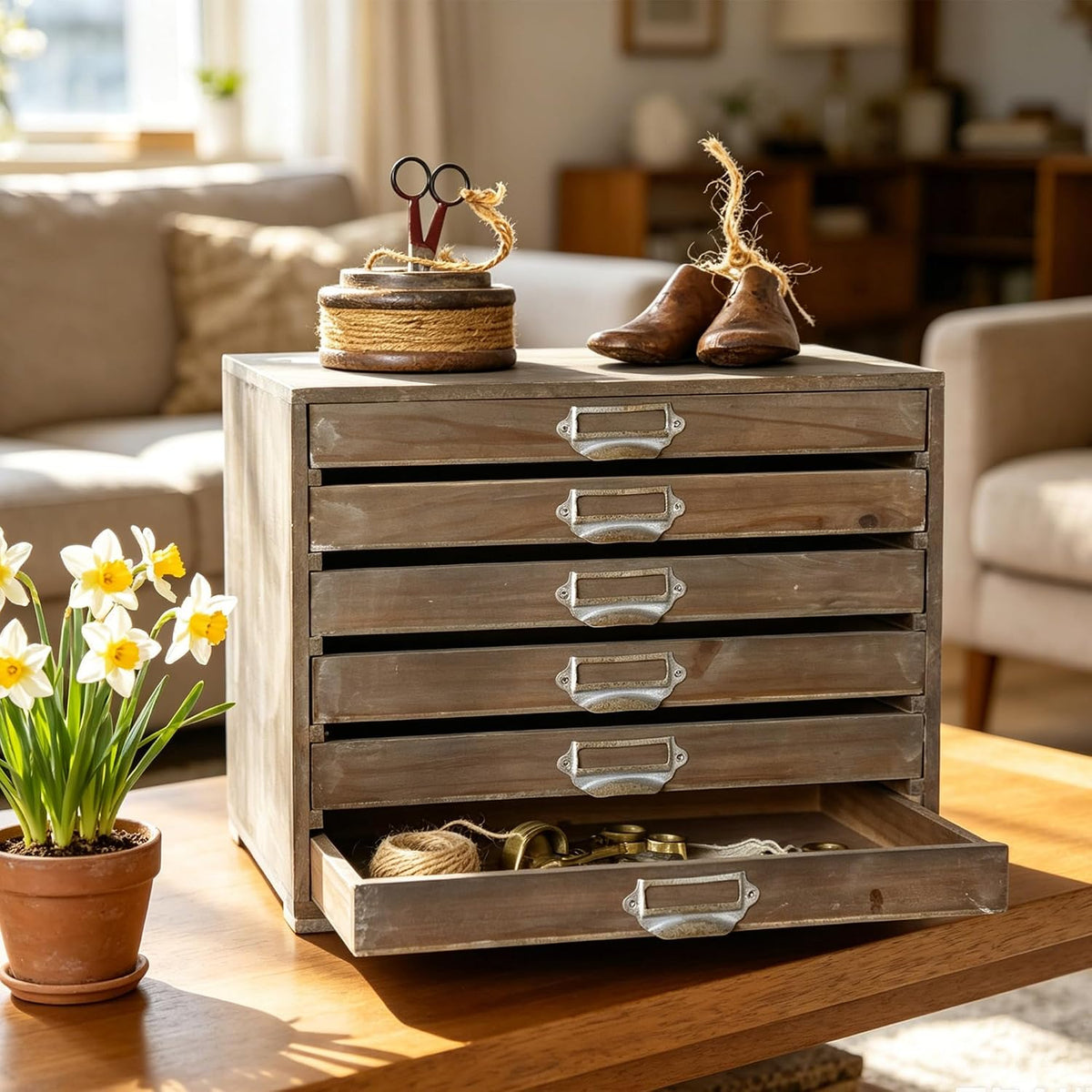 Wooden Desktop Organizer Cabinet with 6-Drawer Rustic Wood Shelf Drawer Antique Card Catalog Cabinet Distressed Decor Jewelry Cosmetics Craft Paper Storage Box for Home Office