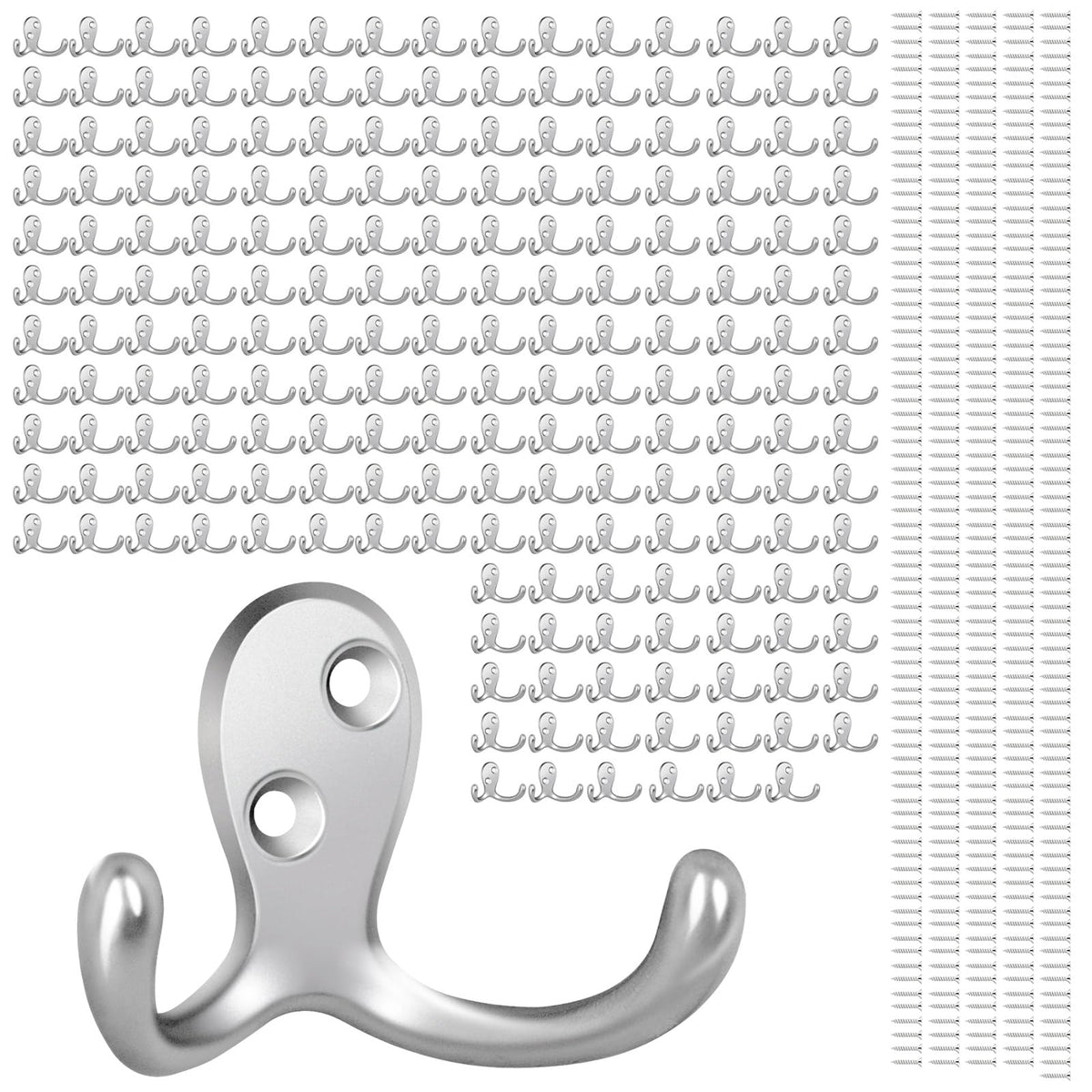 Homanu 14 Pack Silvery Coat Hooks Wall Mounted Double Prong with 28 Screws