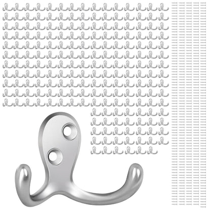 Homanu 14 Pack Silvery Coat Hooks Wall Mounted Double Prong with 28 Screws