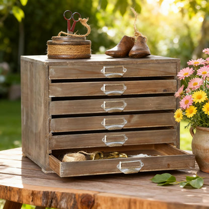 Wooden Desktop Organizer Cabinet with 6-Drawer Rustic Wood Shelf Drawer Antique Card Catalog Cabinet Distressed Decor Jewelry Cosmetics Craft Paper Storage Box for Home Office