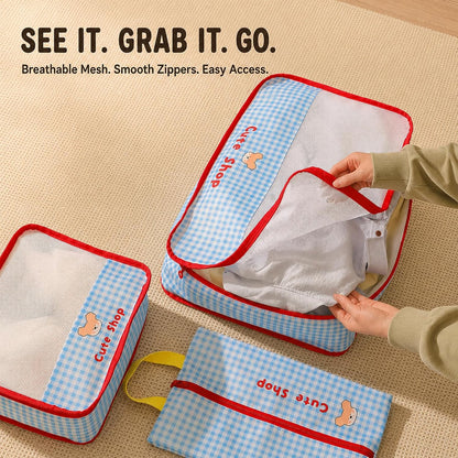 Cute Packing Cubes, 5-Piece Luggage Organizer, Shoe & Laundry Bags