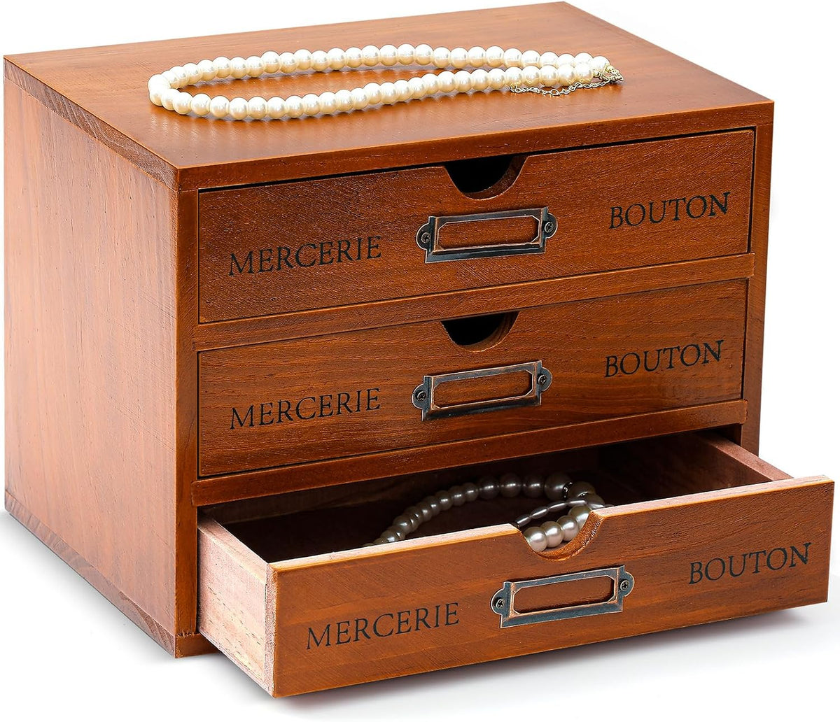 Wesiti Wooden Desk Organizer, 3 Drawers, Vintage Makeup Cabinet, Brown