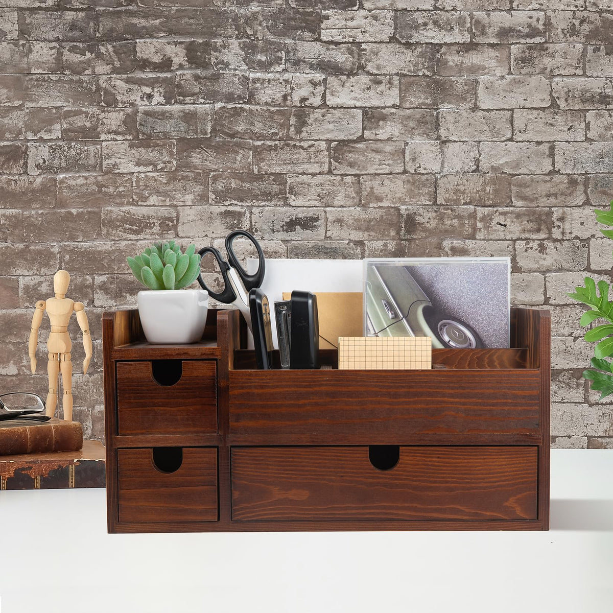 Liry Products Rustic Wooden Desktop Organizer Office Supplies Brown Tabletop Storage Cabinet Stepped Rack Multiple Compartments 2 Tier Drawers Makeup Accessory Jewelry Sorter Display Box Home Office