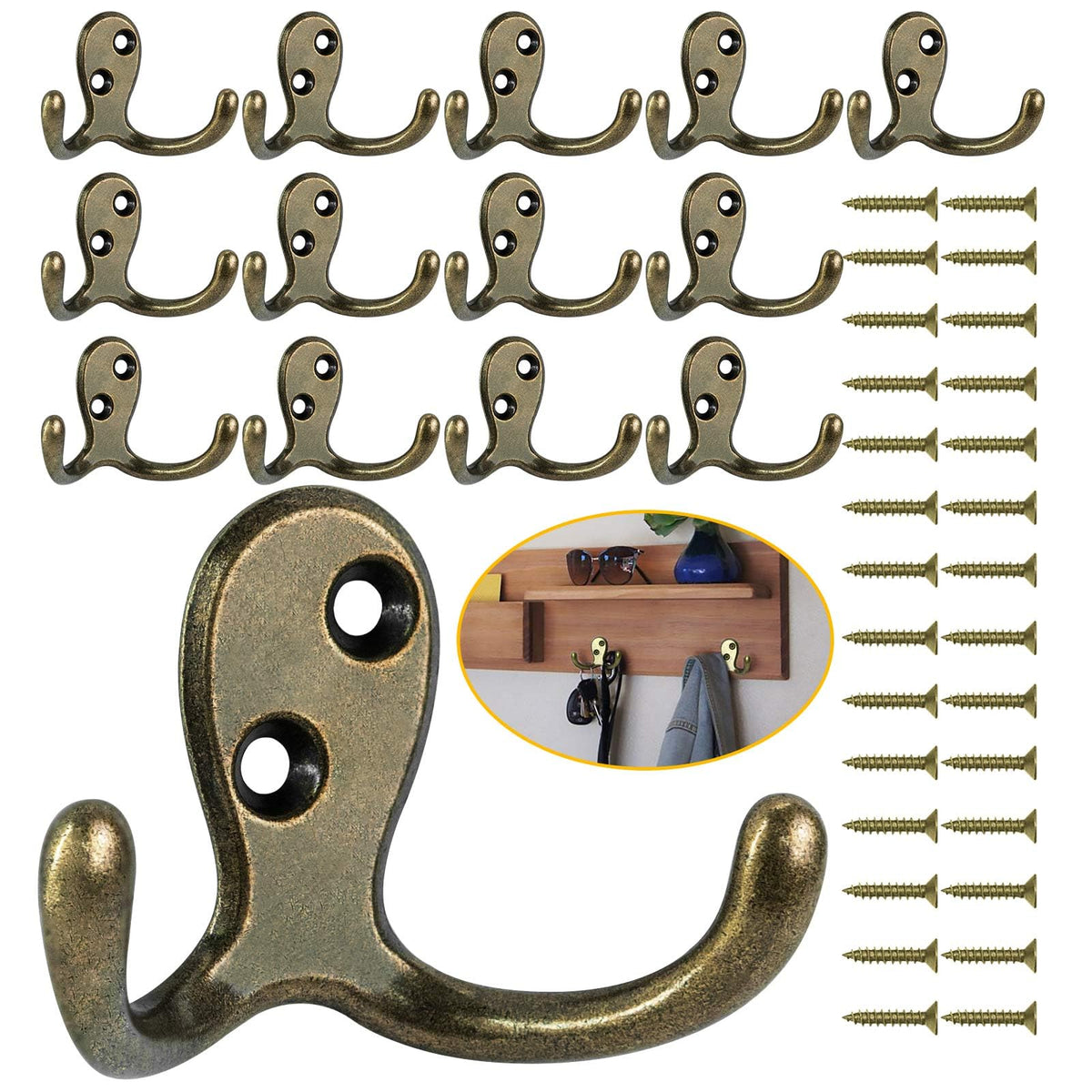 Homanu 14 Pack Silvery Coat Hooks Wall Mounted Double Prong with 28 Screws