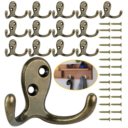 Homanu 14 Pack Silvery Coat Hooks Wall Mounted Double Prong with 28 Screws