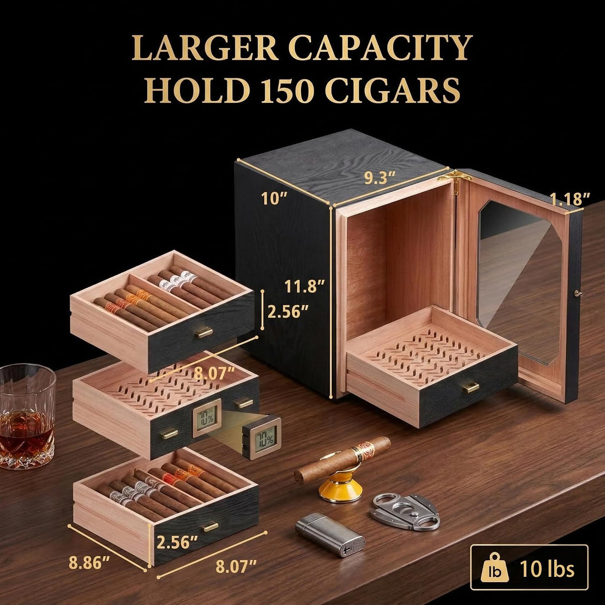 Epress Cigar Humidor Cabinet, 150 Count Desktop Cigar Storage Box with 4 Removable Spanish Cedar Drawers, Digital Hygrometer, Humidifier, Magnetic Seal Display Door, Black