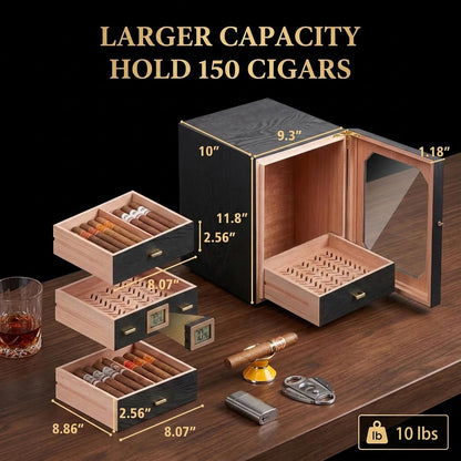 Epress Cigar Humidor Cabinet, 150 Count Desktop Cigar Storage Box with 4 Removable Spanish Cedar Drawers, Digital Hygrometer, Humidifier, Magnetic Seal Display Door, Black