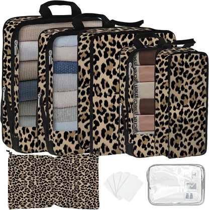 7 Pcs Compression Packing Cubes for Travel, Waterproof Suitcase Luggage Backpack Organizer with Toiletry Bag Travel Essentials for Women/Men-Leopard