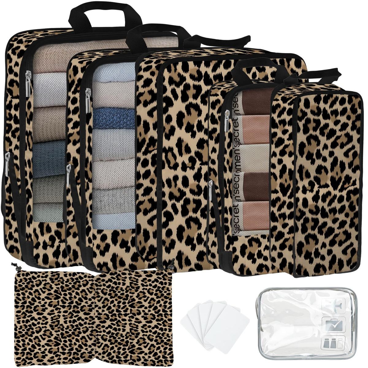 7 Pcs Compression Packing Cubes for Travel, Waterproof Suitcase Luggage Backpack Organizer with Toiletry Bag Travel Essentials for Women/Men-Leopard