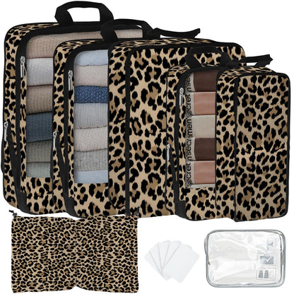 7 Pcs Compression Packing Cubes for Travel, Waterproof Suitcase Luggage Backpack Organizer with Toiletry Bag Travel Essentials for Women/Men-Leopard