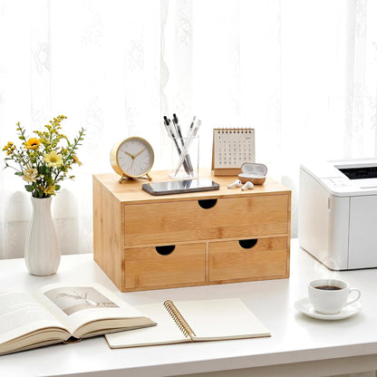 Bamboo Desk Organizer with Drawers, Desktop Storage for Office Supplies