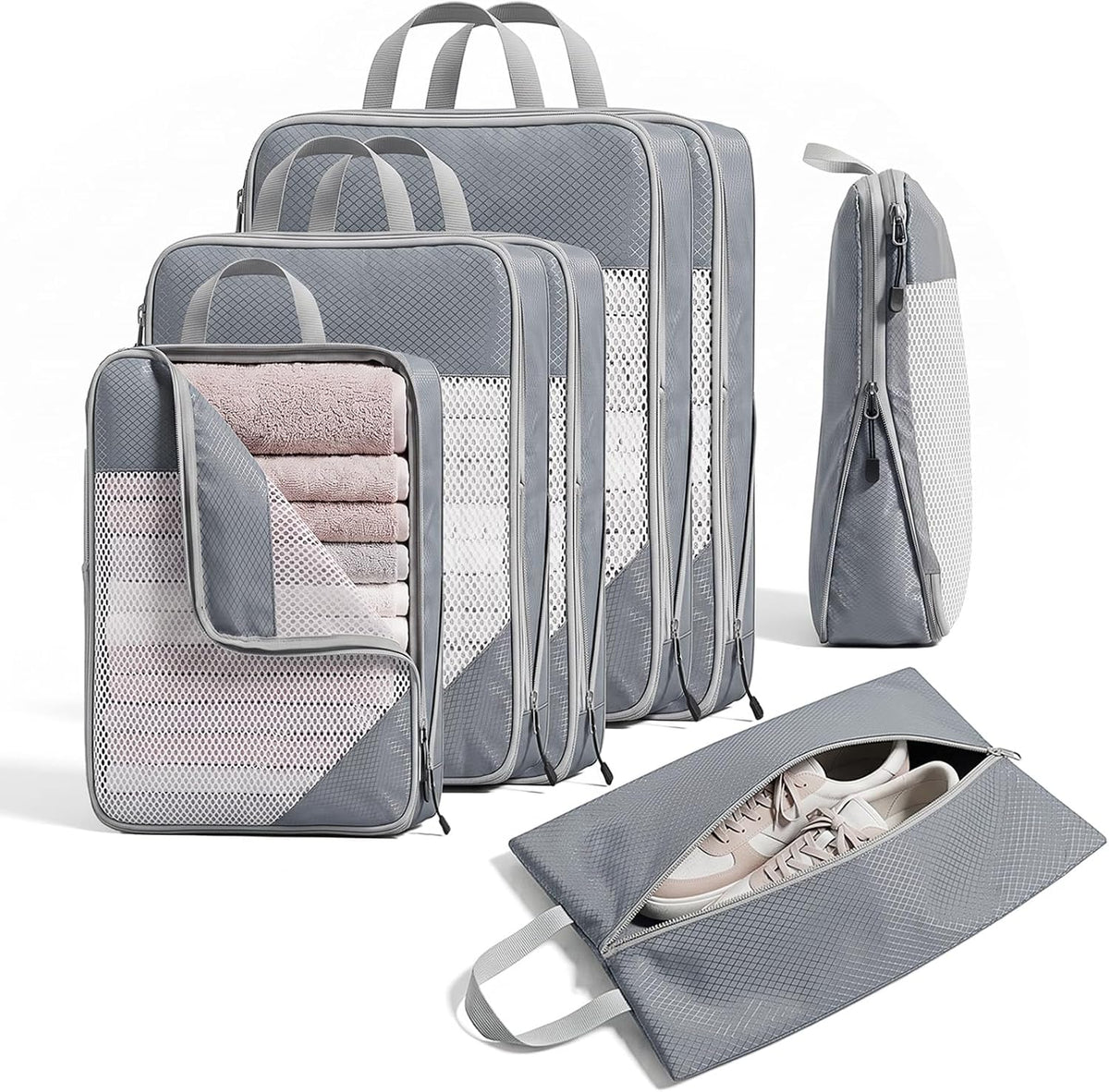 Sutinban 7-Piece Compression Packing Cubes for Travel, 6 Expandable Luggage Organizer Bags and Shoe Bag, Water-Resistant Mesh Suitcase Organizers, Grey