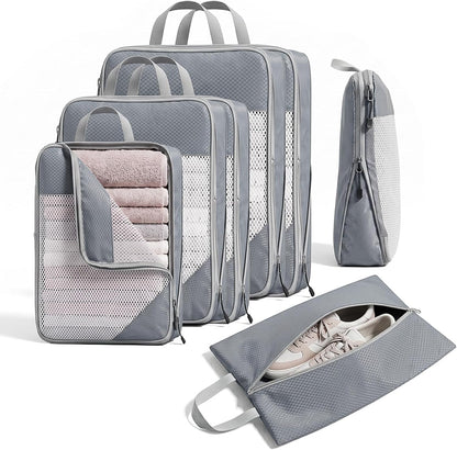 Sutinban 7-Piece Compression Packing Cubes for Travel, 6 Expandable Luggage Organizer Bags and Shoe Bag, Water-Resistant Mesh Suitcase Organizers, Grey