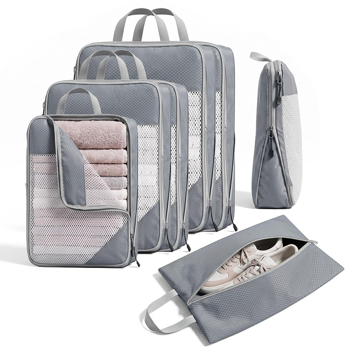 Sutinban 7-Piece Compression Packing Cubes for Travel, 6 Expandable Luggage Organizer Bags and Shoe Bag, Water-Resistant Mesh Suitcase Organizers, Grey