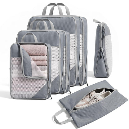 Sutinban 7-Piece Compression Packing Cubes for Travel, 6 Expandable Luggage Organizer Bags and Shoe Bag, Water-Resistant Mesh Suitcase Organizers, Grey