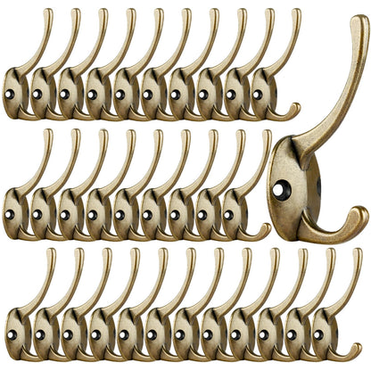 IBosins 12 Pack Antique Brass Double Coat Hooks Wall Mounted with 24 Screws