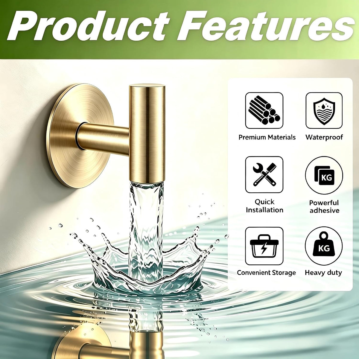 Gold Stainless Steel Wall Hooks, Heavy Duty Self-Adhesive Hooks for Coats, Towels, Robes, Hats, Aprons – No Drill Bathroom, Kitchen, Hotel (2 Pack)