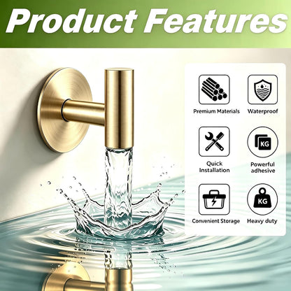 Gold Stainless Steel Wall Hooks, Heavy Duty Self-Adhesive Hooks for Coats, Towels, Robes, Hats, Aprons – No Drill Bathroom, Kitchen, Hotel (2 Pack)