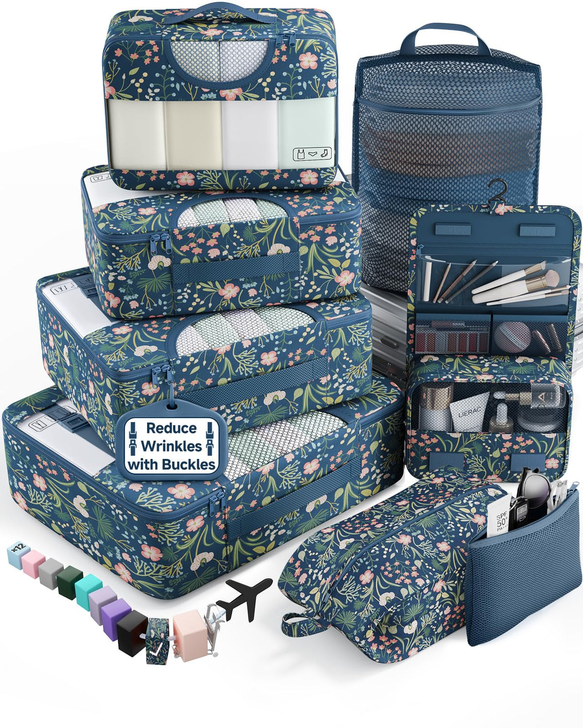 Veken 8 Set Packing Cubes for Travel Essentials,Anti-Wrinkle Buckled Suitcase Organizer for Shoe & Toiletry Bag,Carry On Luggage Bag with 99+ Count Mesh Holes for Airplane & College Dorm Accessories