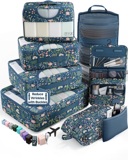 Veken 8 Set Packing Cubes for Travel Essentials,Anti-Wrinkle Buckled Suitcase Organizer for Shoe & Toiletry Bag,Carry On Luggage Bag with 99+ Count Mesh Holes for Airplane & College Dorm Accessories