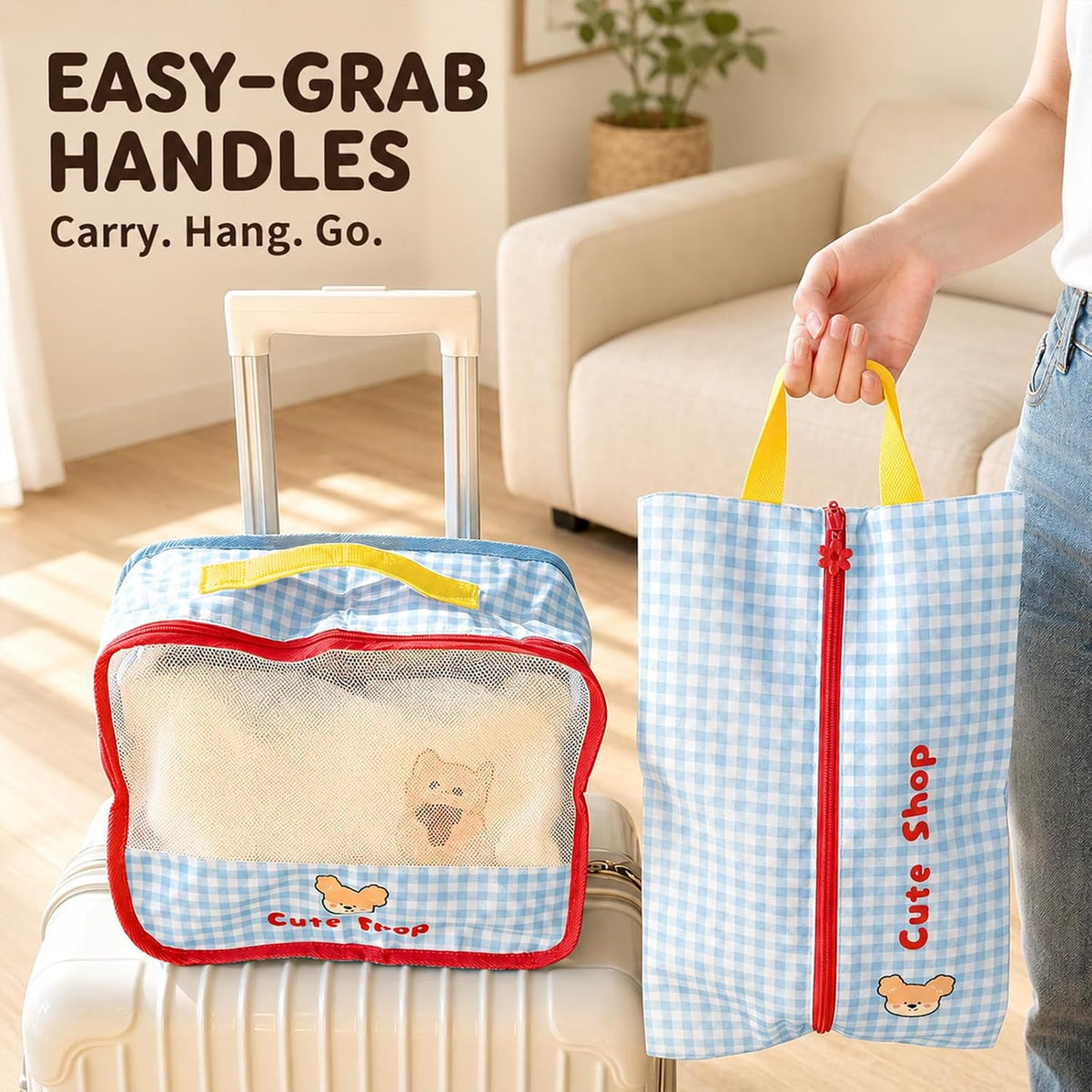 Cute Packing Cubes, 5-Piece Luggage Organizer, Shoe & Laundry Bags