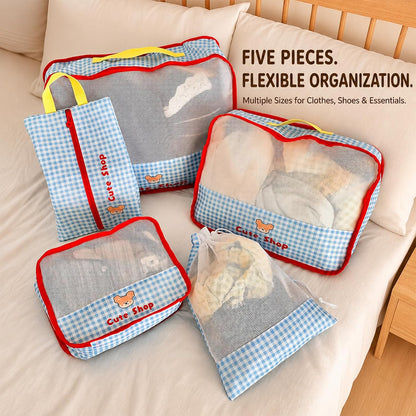 Cute Packing Cubes, 5-Piece Luggage Organizer, Shoe & Laundry Bags