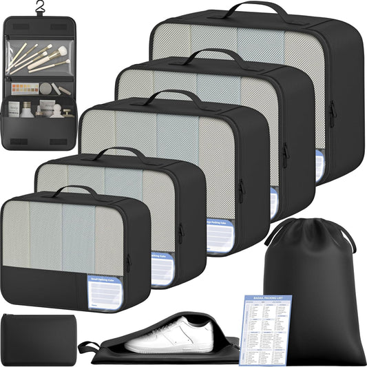 BAGAIL 9 Set Packing Cubes with Packing List Luggage Packing Organizers for Travel Accessories (Black)