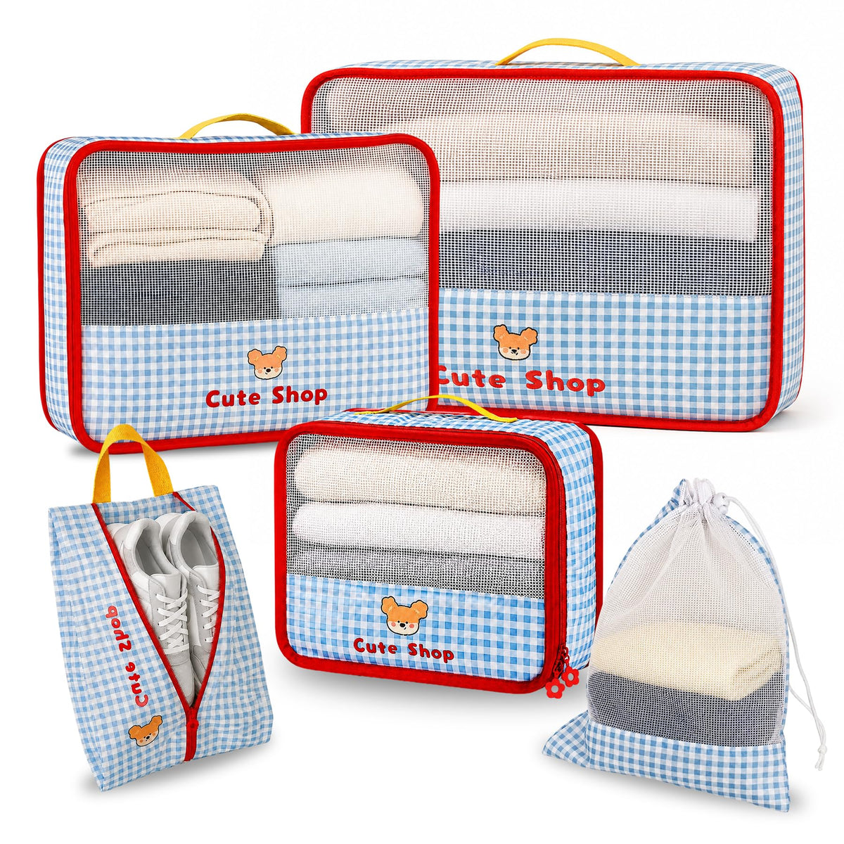 Cute Packing Cubes, 5-Piece Luggage Organizer, Shoe & Laundry Bags